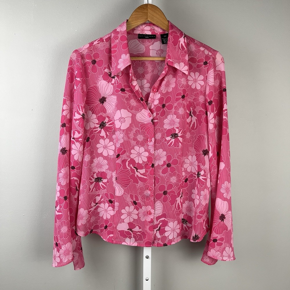 Apostrophe Petite Vintage Y2K Top Shirt‎ Blouse Womens 14P Pink Floral Sheer